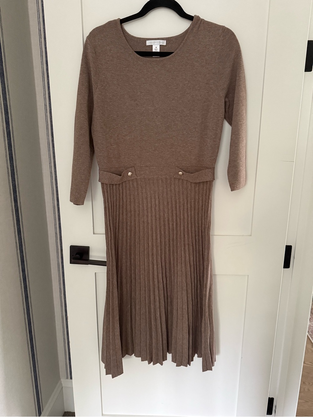 London Times Taupe Knit Midi Dress with Pleated Skirt